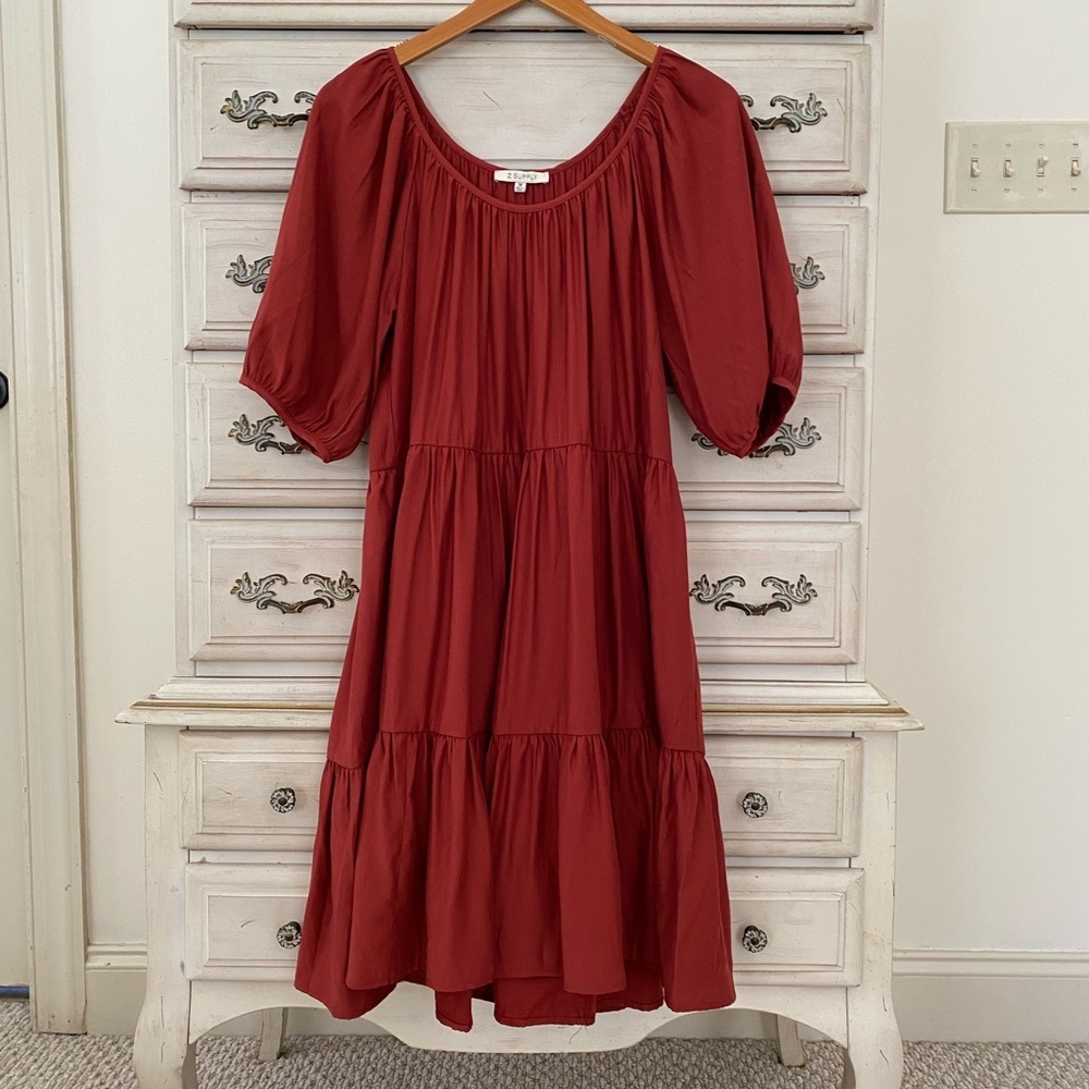 Z Supply Terracotta Puff Sleeve Tiered Mini Dress M